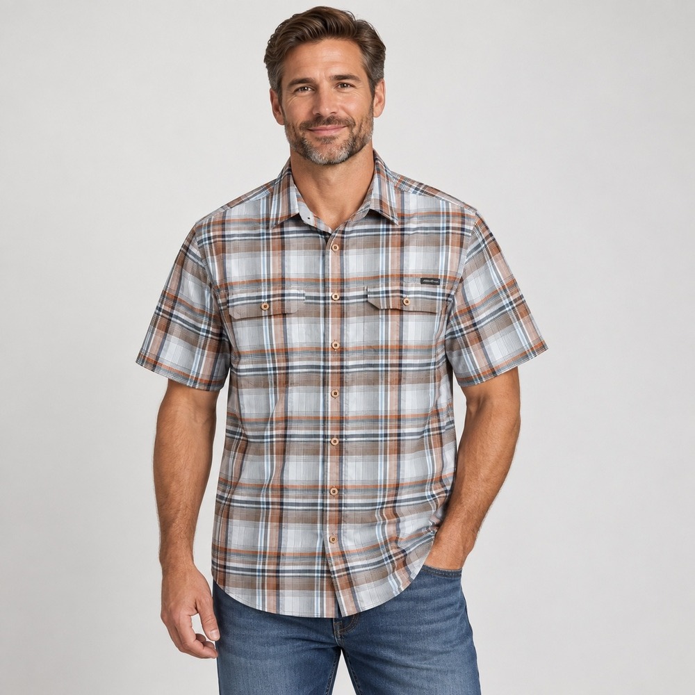 Eddie Bauer Plaid Button Down Shirt Mens Tall M Brown Orange Short Sleeve Mesh